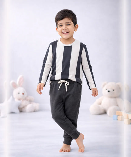 Full sleeves round t-shirt with full pants casual wear stripe grey (2–6 years)